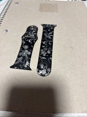 Black Floral Silicone Apple Watch Band - Silver Flower Print